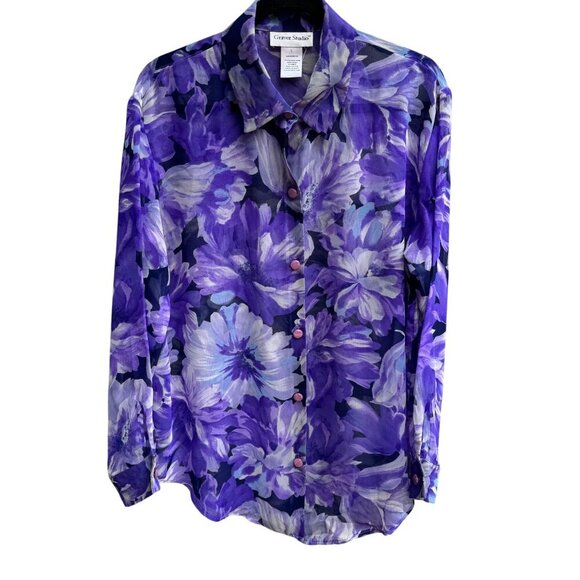 Graver Studio Womens Purple Floral Button-Up Semi Sheer Long Sleeve Boho Blouse - Picture 1 of 9
